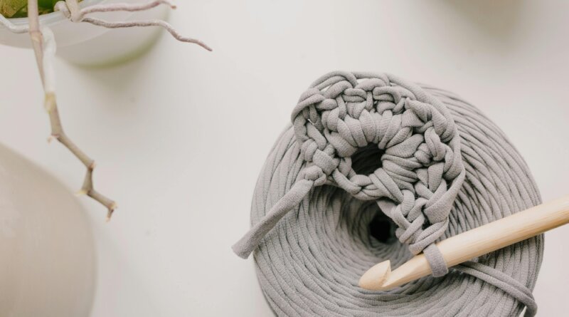 Grey Macramé Yarn Roll with Wooden Hook – Beginner Craft Setup